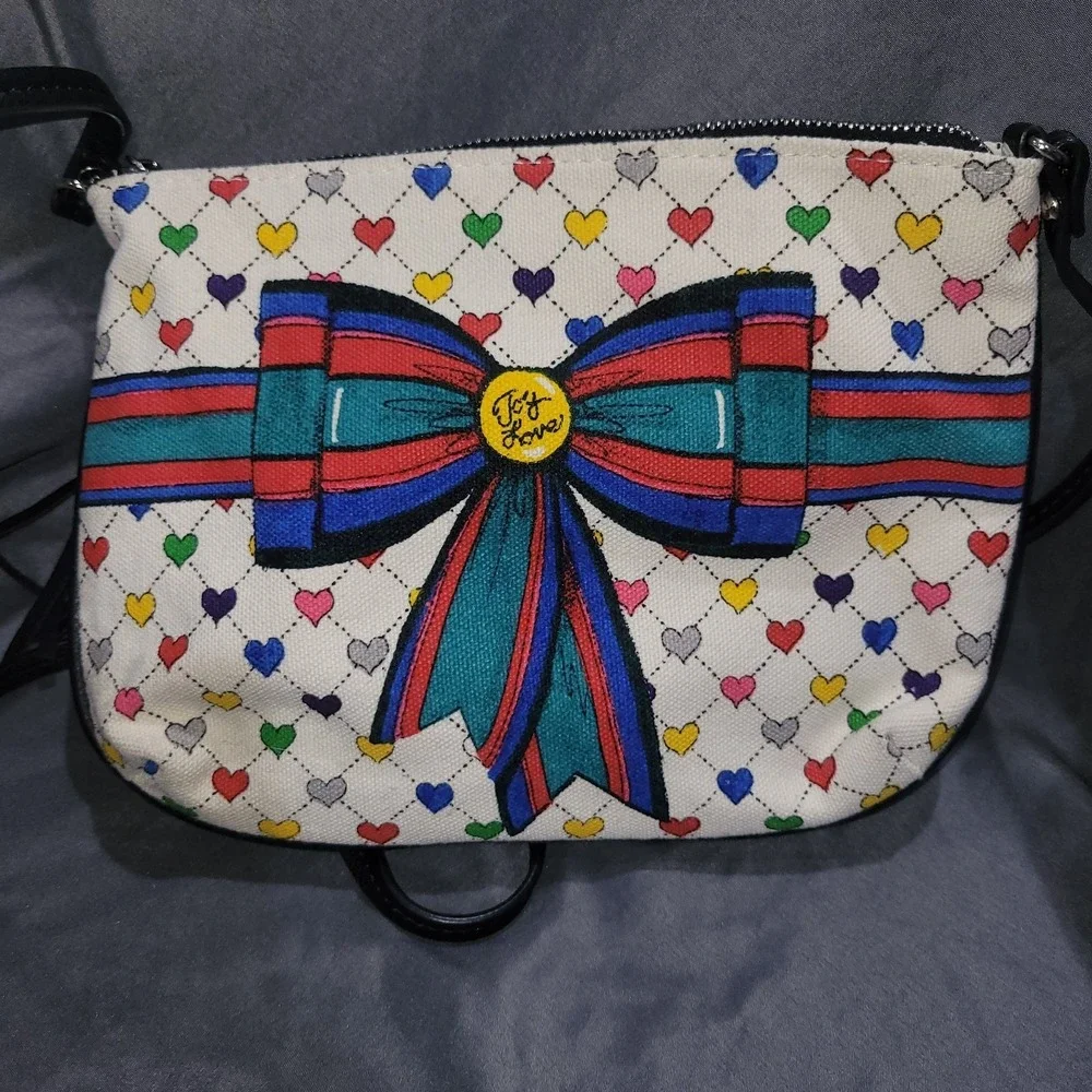 Brighton Crossbody Handbag Love & Joy Pouch Heart Tassels Graphic
